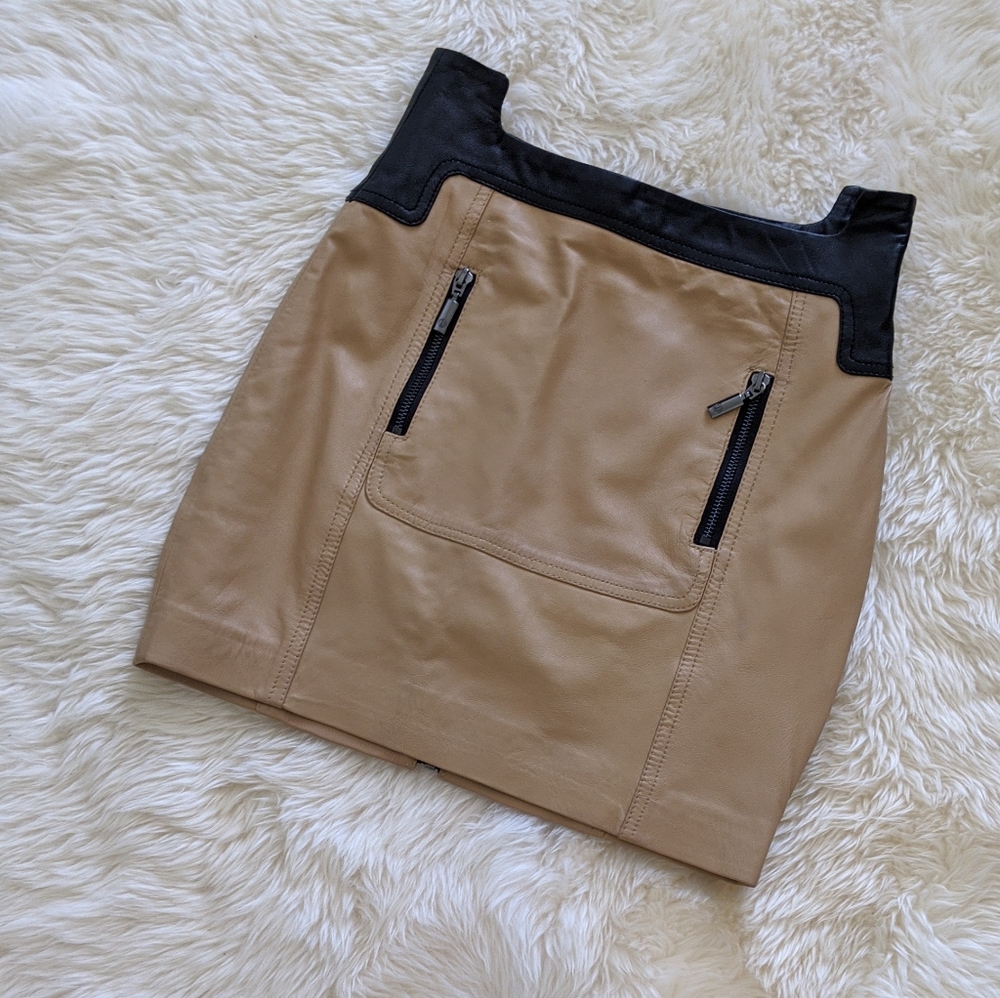 NWT tan leather high waisted zipper mini skirt